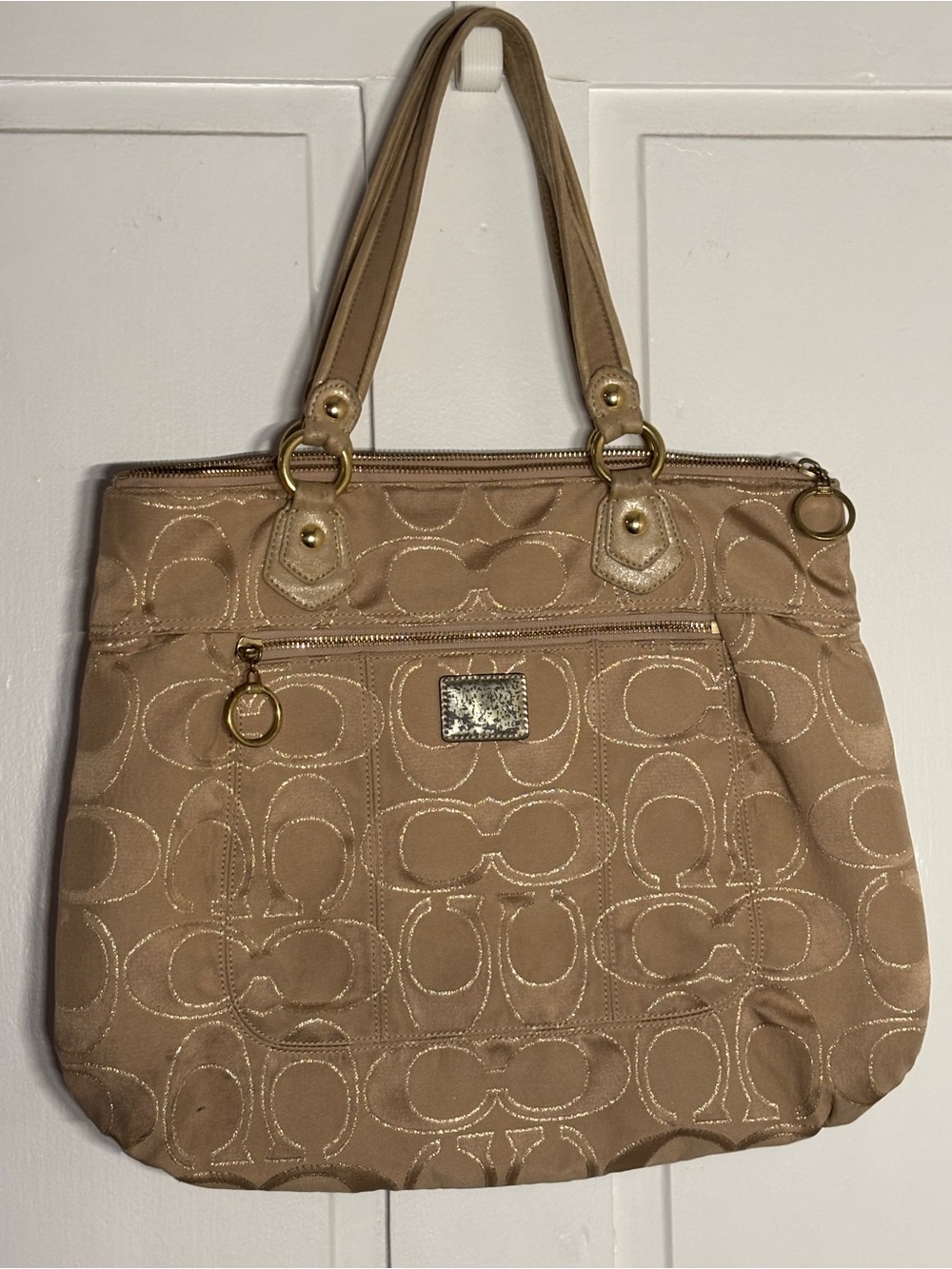Vintage Y2K Coach Beige and Gold Metallic Poppy Glam Tote Aqua Satin Lining